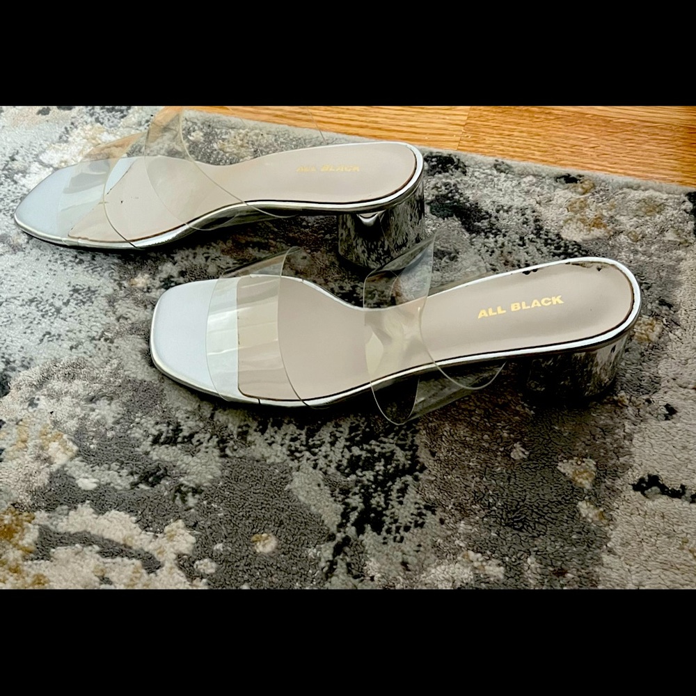 Square heels and toes clear and silver mules